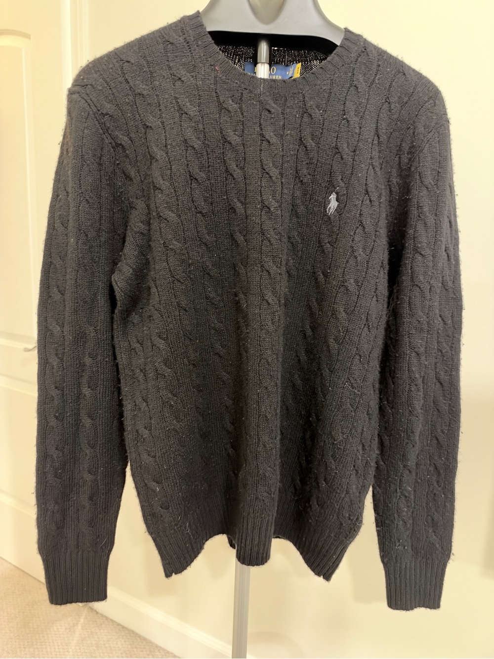 Ralph Lauren Black Cable-Knit Crewneck Sweater with Logo
